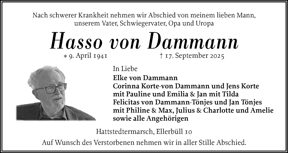  Traueranzeige für Hasso von Dammann vom 27.09.2025 aus Husumer Nachrichten, Nordfriesland Tageblatt