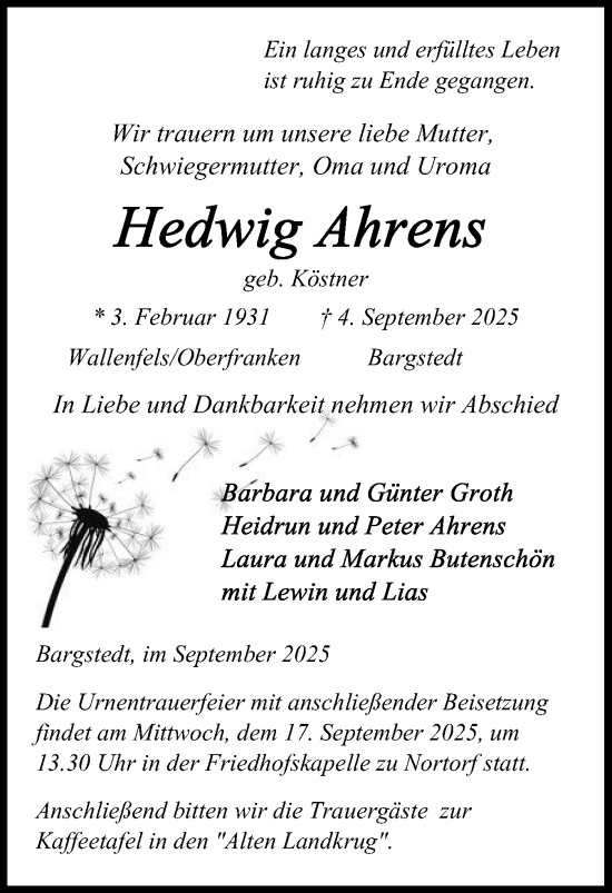Traueranzeige von Hedwig Ahrens von Schleswig-Holsteinische Landeszeitung
