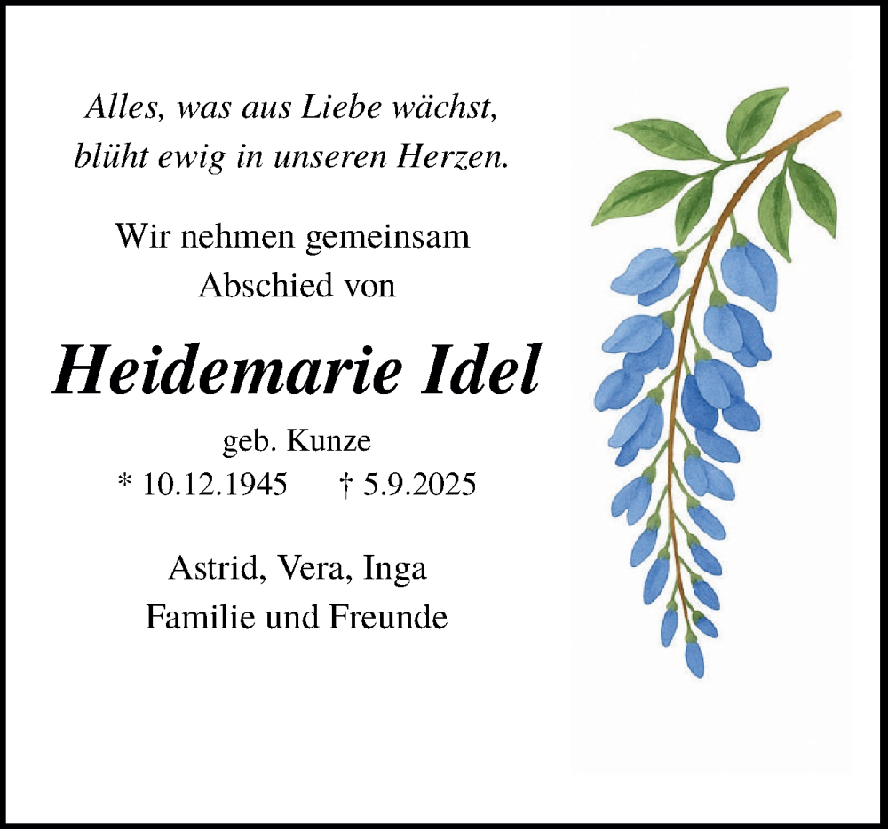  Traueranzeige für Heidemarie Idel vom 20.09.2025 aus Schleswig-Holsteinische Landeszeitung