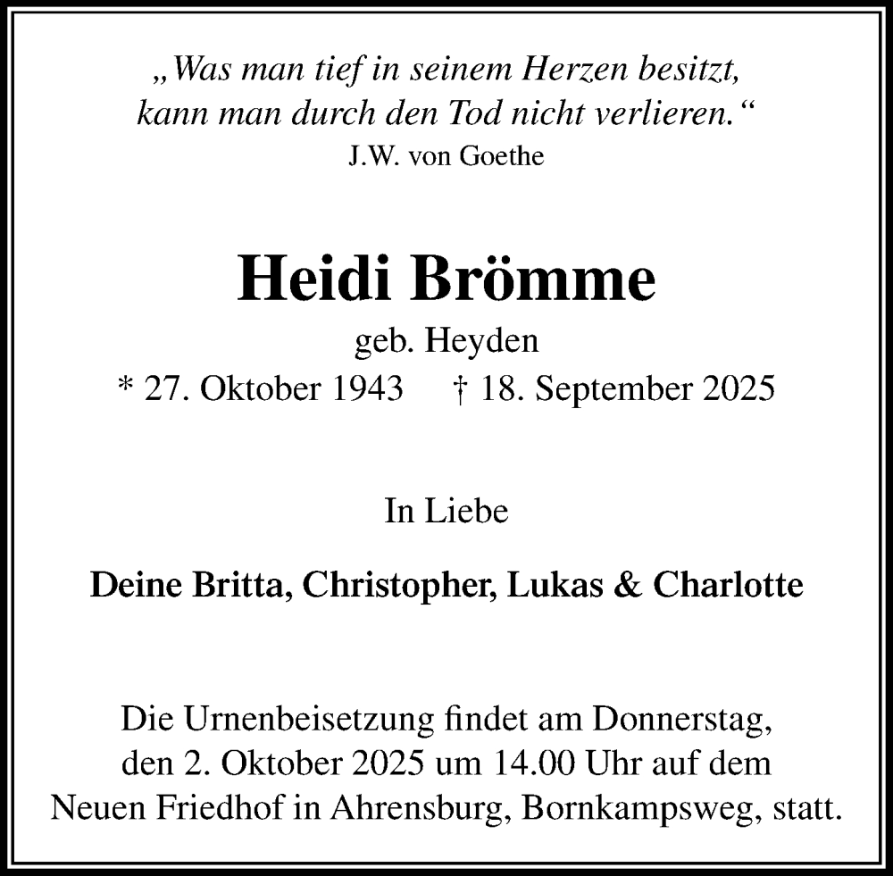  Traueranzeige für Heidi Brömme vom 27.09.2025 aus MARKT Ahrensburg/Bargteheide/Trittau und Stormarner Tageblatt
