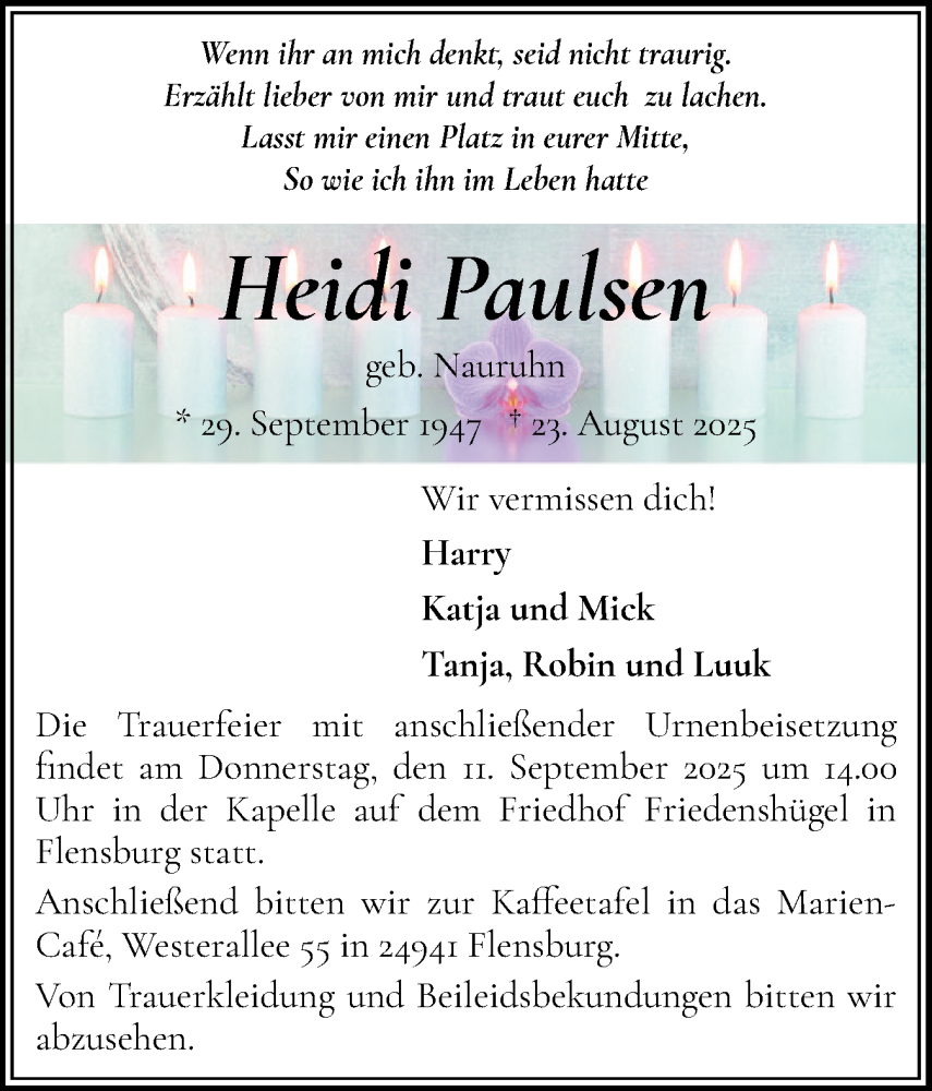  Traueranzeige für Heidi Paulsen vom 06.09.2025 aus Flensburger Tageblatt