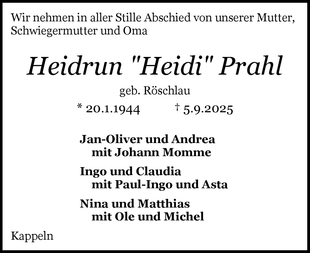  Traueranzeige für Heidrun Prahl vom 16.09.2025 aus Schleswiger Nachrichten, Schlei-Bote
