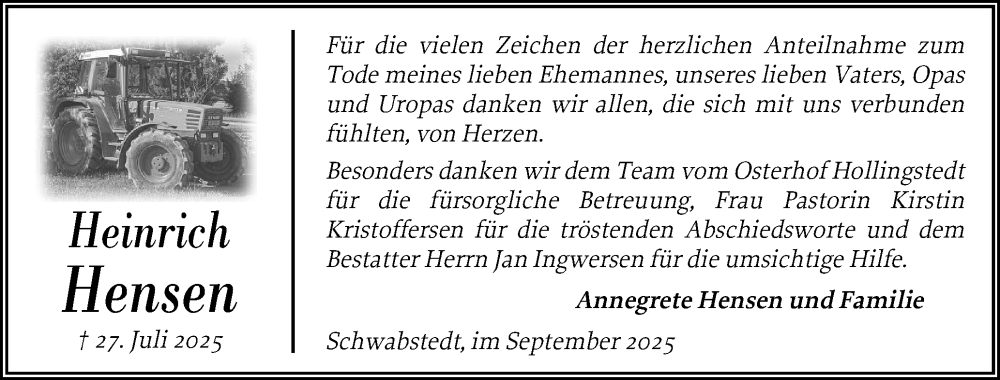  Traueranzeige für Heinrich Hensen vom 05.09.2025 aus Husumer Nachrichten, Nordfriesland Tageblatt
