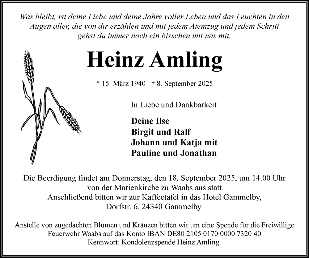  Traueranzeige für Heinz Amling vom 13.09.2025 aus Eckernförder Zeitung