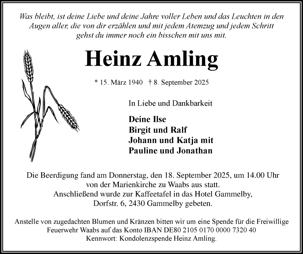  Traueranzeige für Heinz Amling vom 20.09.2025 aus Hallo Eckernförde