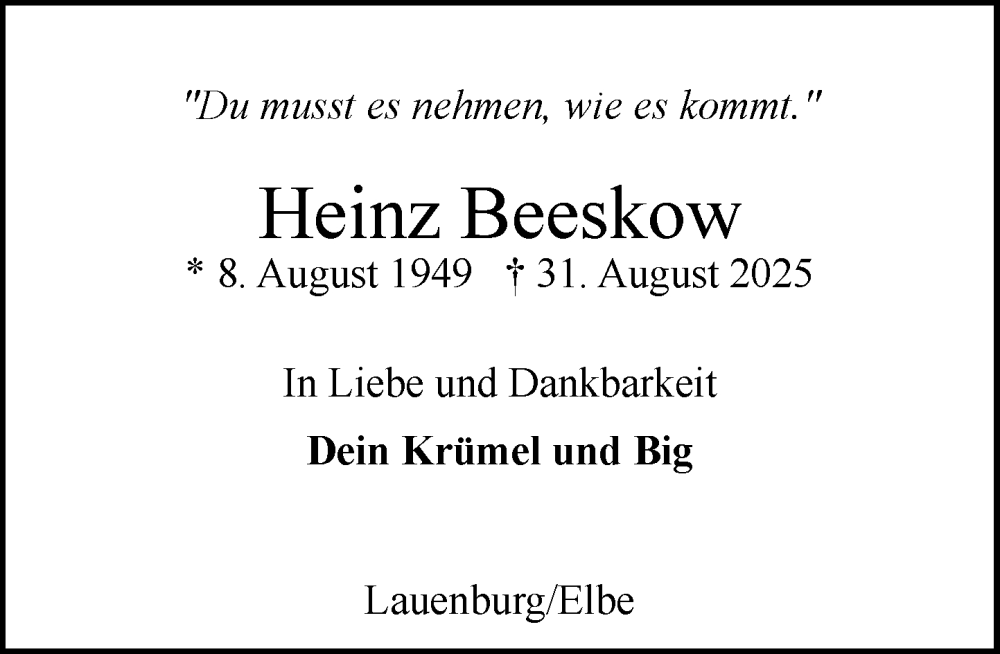  Traueranzeige für Heinz Beeskow vom 06.09.2025 aus Wochenend Anzeiger