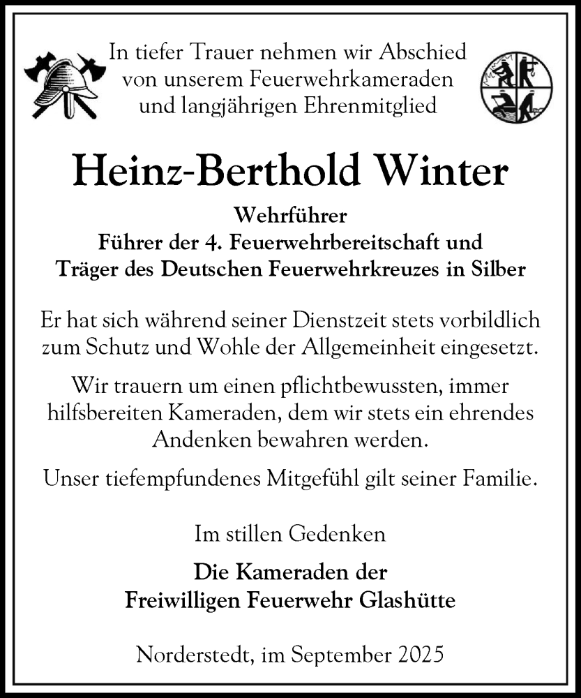  Traueranzeige für Heinz-Berthold Winter vom 13.09.2025 aus Heimatspiegel
