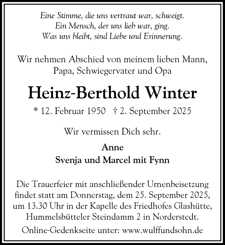  Traueranzeige für Heinz-Berthold Winter vom 13.09.2025 aus Heimatspiegel