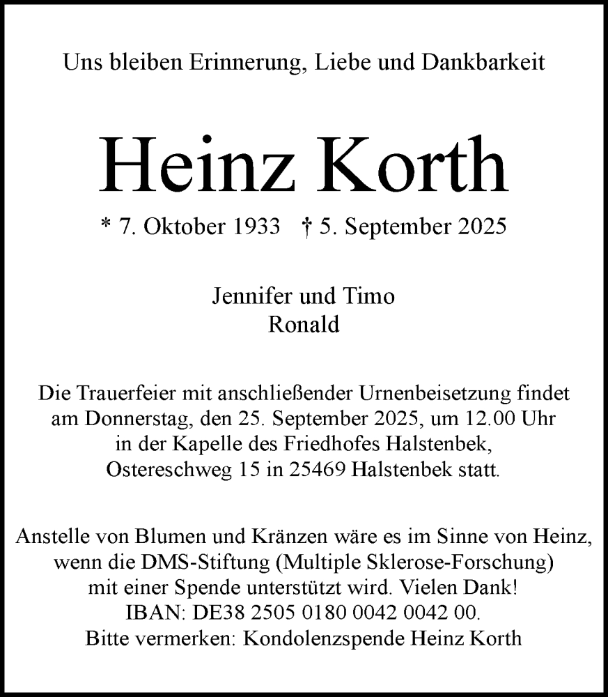  Traueranzeige für Heinz Korth vom 20.09.2025 aus Region Pinneberg und tip Pinneberg