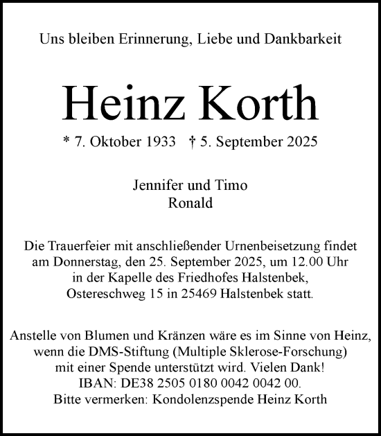 Traueranzeige von Heinz Korth von Region Pinneberg und tip Pinneberg
