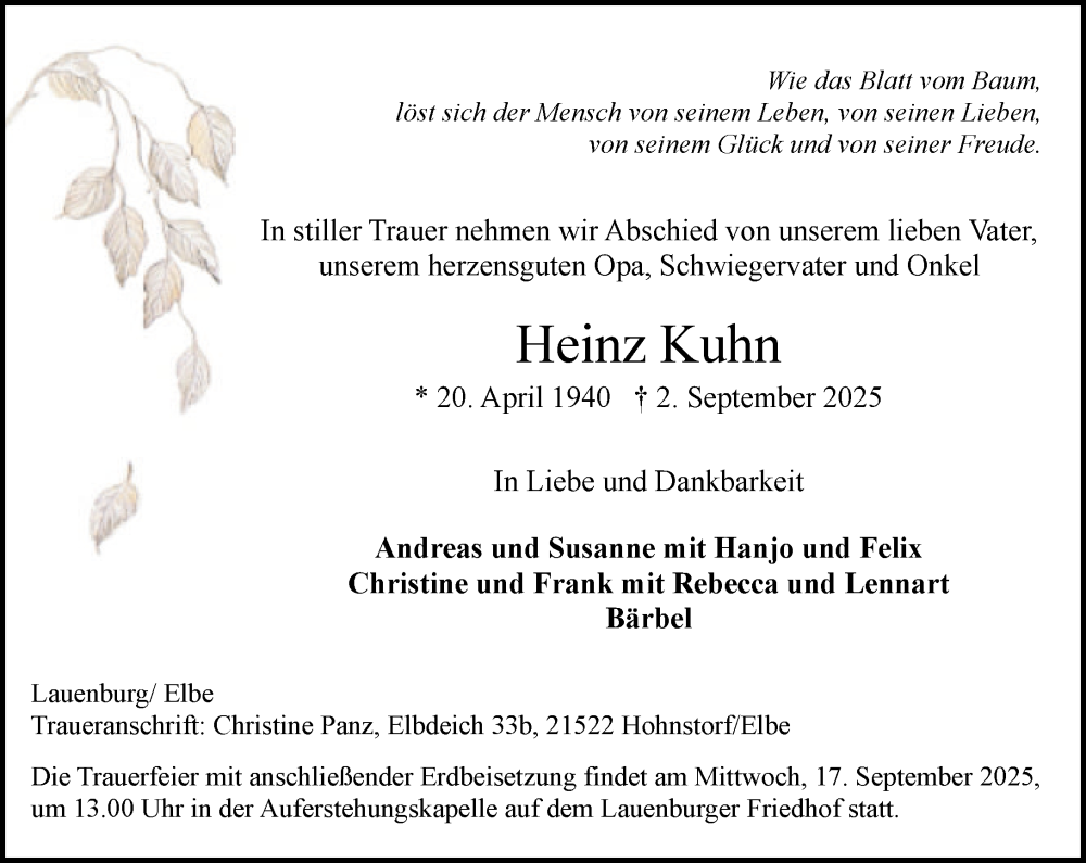  Traueranzeige für Heinz Kuhn vom 13.09.2025 aus Wochenend Anzeiger