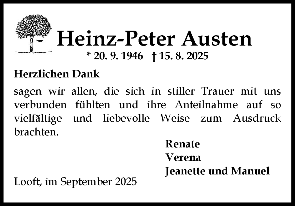  Traueranzeige für Heinz-Peter Austen vom 20.09.2025 aus Norddeutsche Rundschau, Wilstersche Zeitung, Glückstädter Fortuna