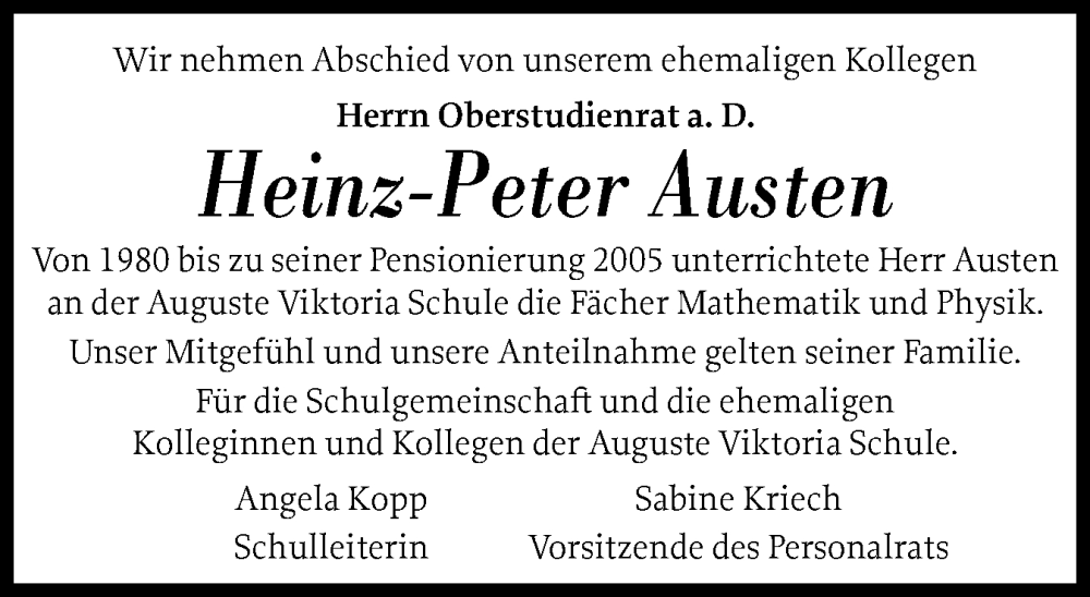  Traueranzeige für Heinz-Peter Austen vom 06.09.2025 aus Norddeutsche Rundschau, Wilstersche Zeitung, Glückstädter Fortuna