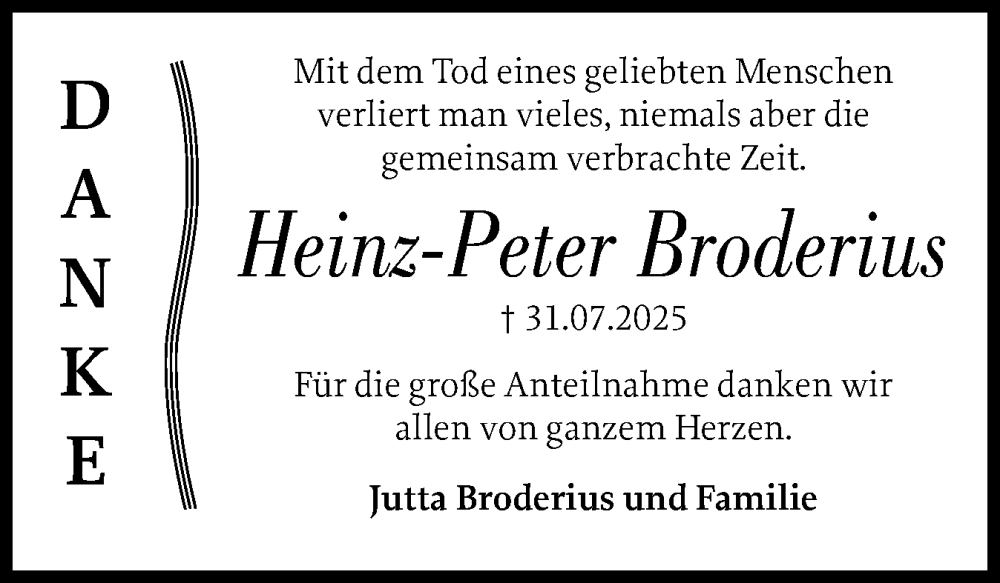  Traueranzeige für Heinz-Peter Broderius vom 13.09.2025 aus Hallo Eckernförde