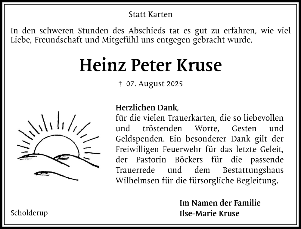 Traueranzeige für Heinz Peter Kruse vom 06.09.2025 aus Schleswiger Nachrichten, Schlei-Bote