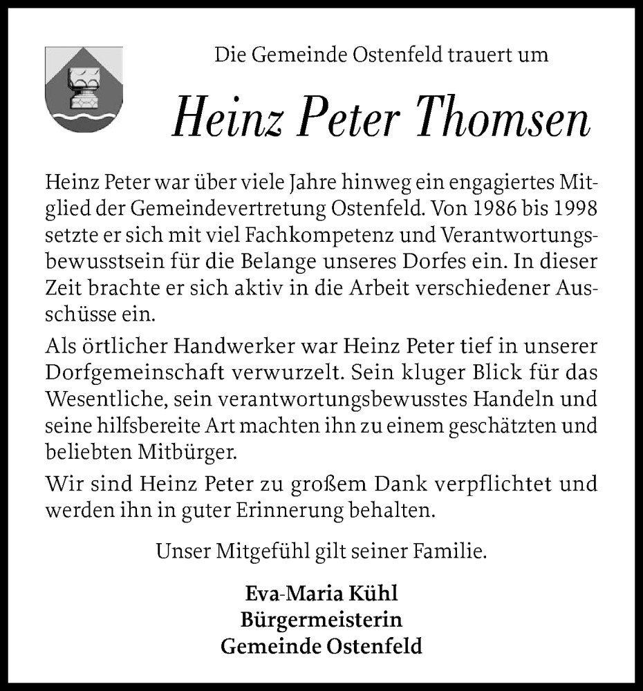 Traueranzeige für Heinz Peter Thomsen vom 03.09.2025 aus Husumer Nachrichten, Nordfriesland Tageblatt