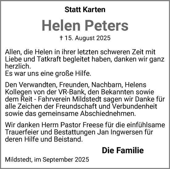 Traueranzeige von Helen Peters von Husumer Nachrichten, Nordfriesland Tageblatt