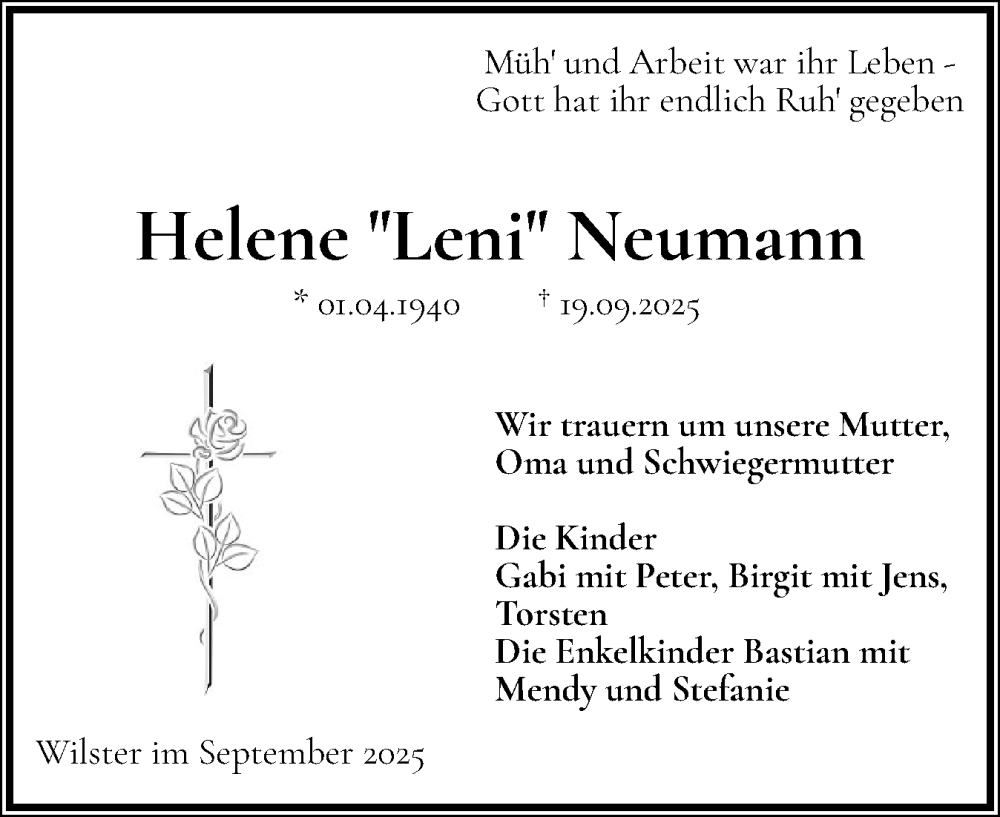  Traueranzeige für Helene Neumann vom 27.09.2025 aus Norddeutsche Rundschau, Wilstersche Zeitung, Glückstädter Fortuna
