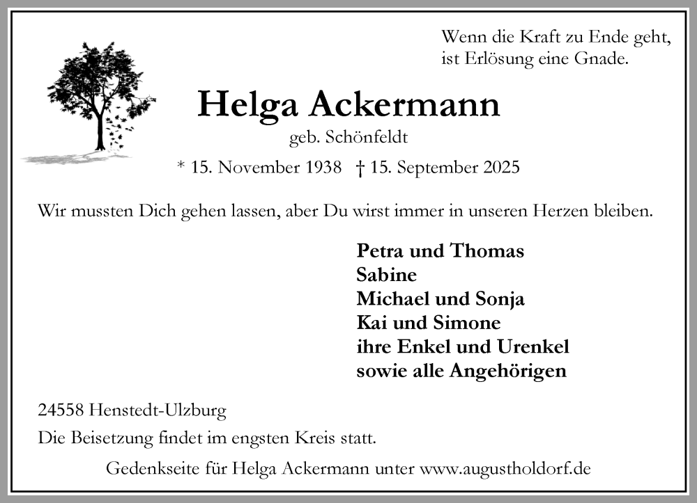  Traueranzeige für Helga Ackermann vom 27.09.2025 aus Umschau