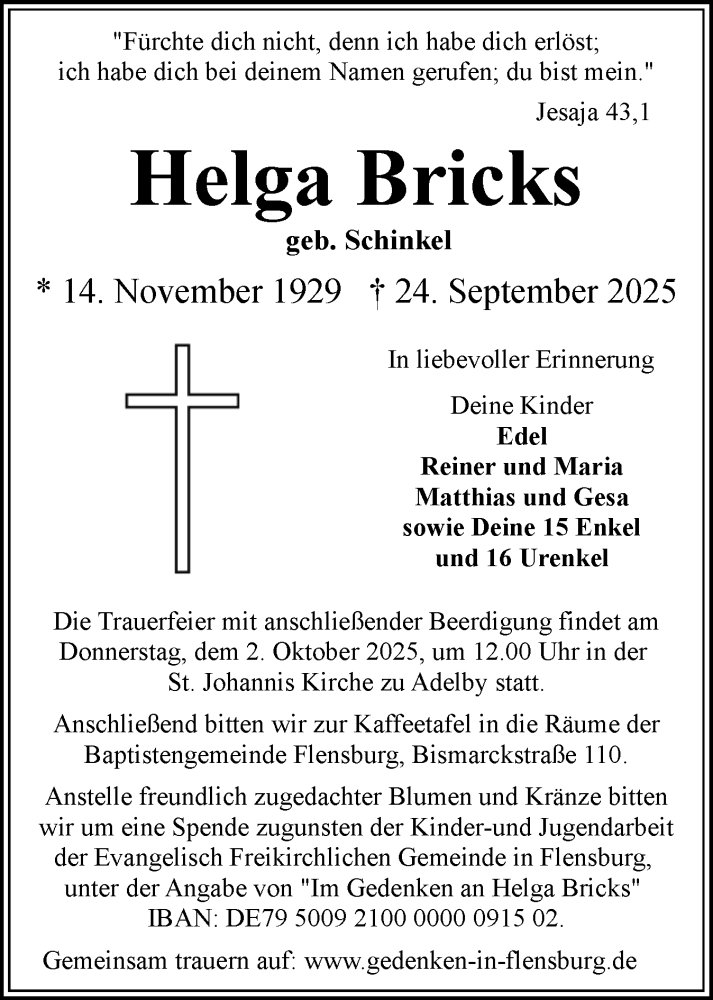  Traueranzeige für Helga Bricks vom 27.09.2025 aus Flensburger Tageblatt
