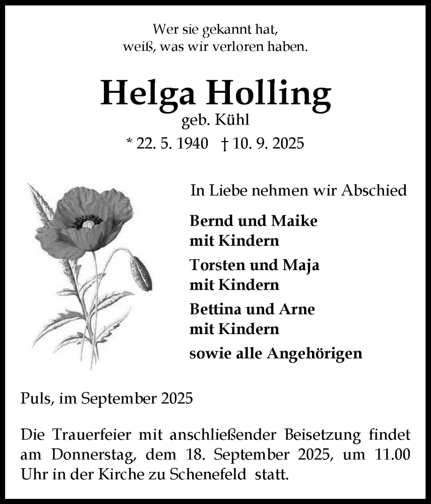  Traueranzeige für Helga Holling vom 13.09.2025 aus Norddeutsche Rundschau, Wilstersche Zeitung, Glückstädter Fortuna