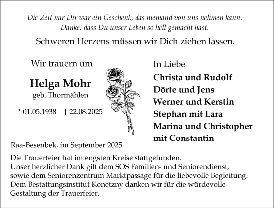 Traueranzeige von Helga Mohr von Elmshorner Nachrichten, Barmstedter Zeitung