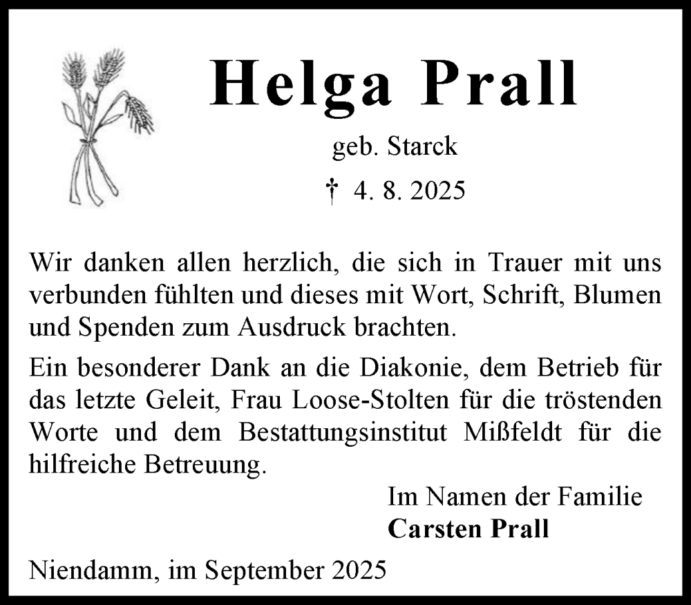  Traueranzeige für Helga Prall vom 20.09.2025 aus Eckernförder Zeitung, Hallo Eckernförde