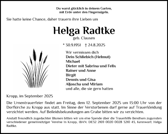 Traueranzeige von Helga Radtke von Schleswig-Holsteinische Landeszeitung