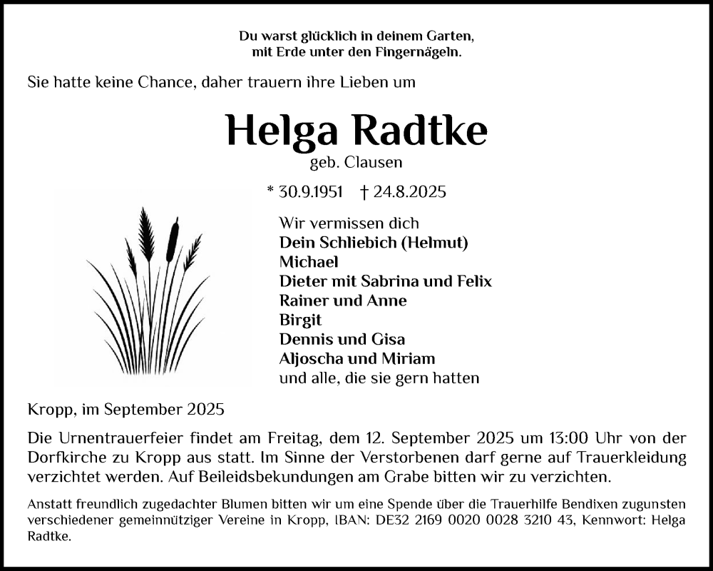  Traueranzeige für Helga Radtke vom 06.09.2025 aus Schleswig-Holsteinische Landeszeitung