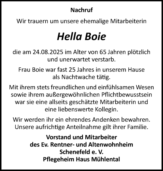 Traueranzeige von Hella Boie von Norddeutsche Rundschau, Wilstersche Zeitung, Glückstädter Fortuna