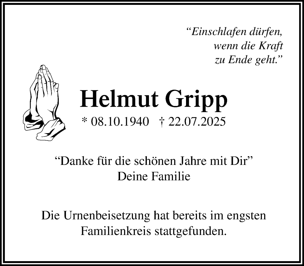  Traueranzeige für Helmut Gripp vom 20.09.2025 aus Umschau