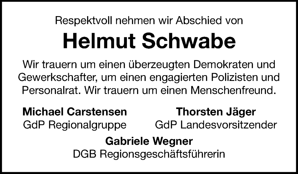  Traueranzeige für Helmut Schwabe vom 13.09.2025 aus Sylter Rundschau, Hallo Sylt