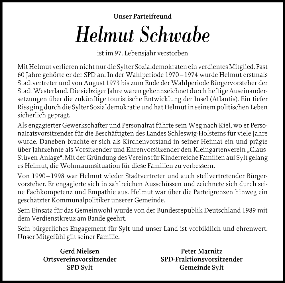  Traueranzeige für Helmut Schwabe vom 20.09.2025 aus Sylter Rundschau