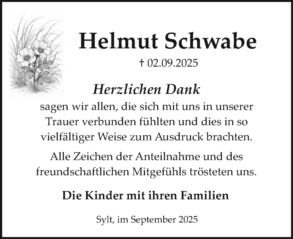  Traueranzeige für Helmut Schwabe vom 27.09.2025 aus Sylter Rundschau