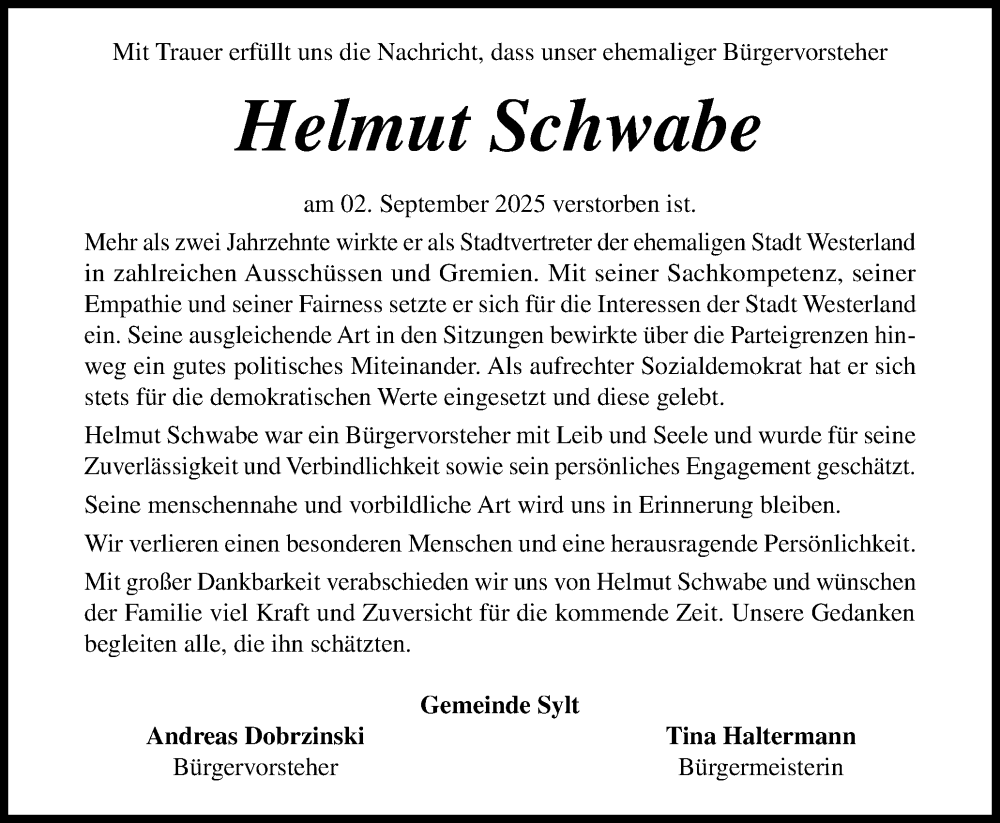  Traueranzeige für Helmut Schwabe vom 10.09.2025 aus Sylter Rundschau