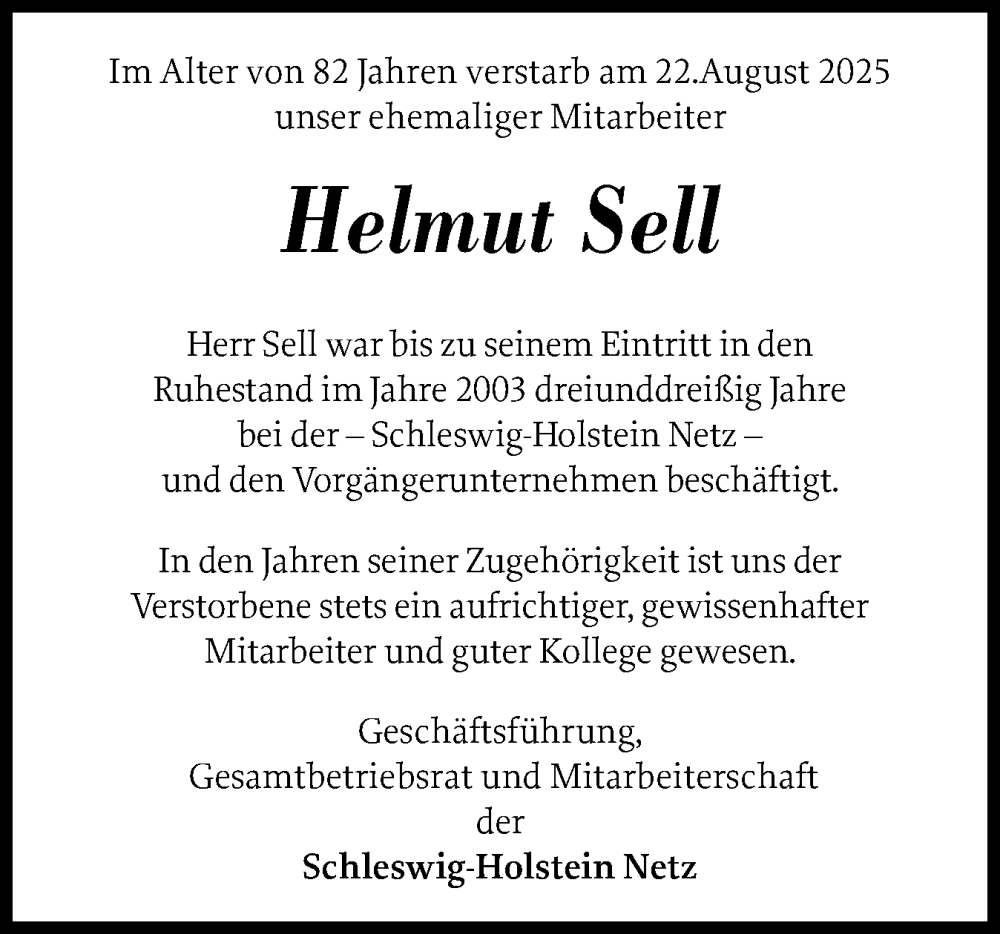 Traueranzeige für Helmut Sell vom 06.09.2025 aus Schleswig-Holsteinische Landeszeitung