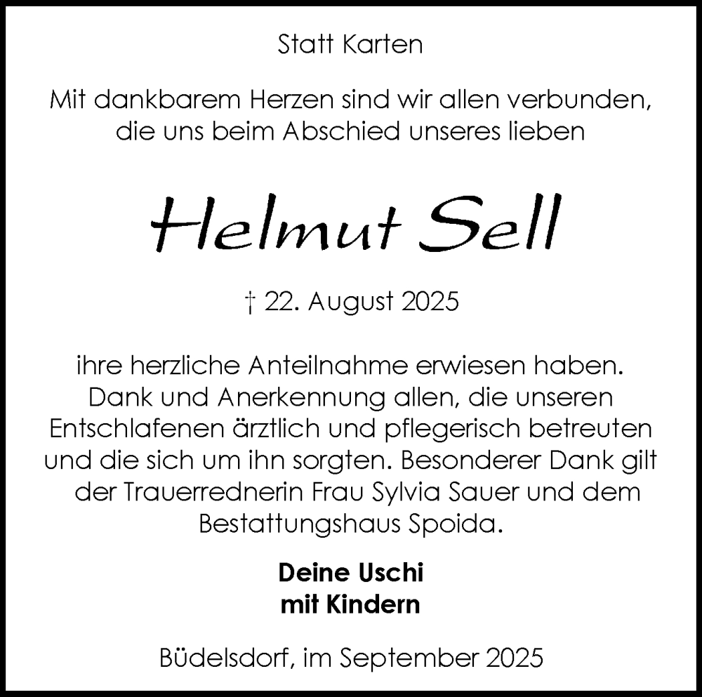 Traueranzeige für Helmut Sell vom 27.09.2025 aus Schleswig-Holsteinische Landeszeitung