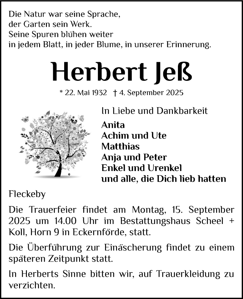  Traueranzeige für Herbert Jeß vom 13.09.2025 aus Eckernförder Zeitung, Hallo Eckernförde