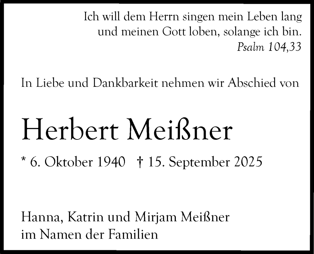  Traueranzeige für Herbert Meißner vom 27.09.2025 aus MARKT Ahrensburg/Bargteheide/Trittau und Stormarner Tageblatt