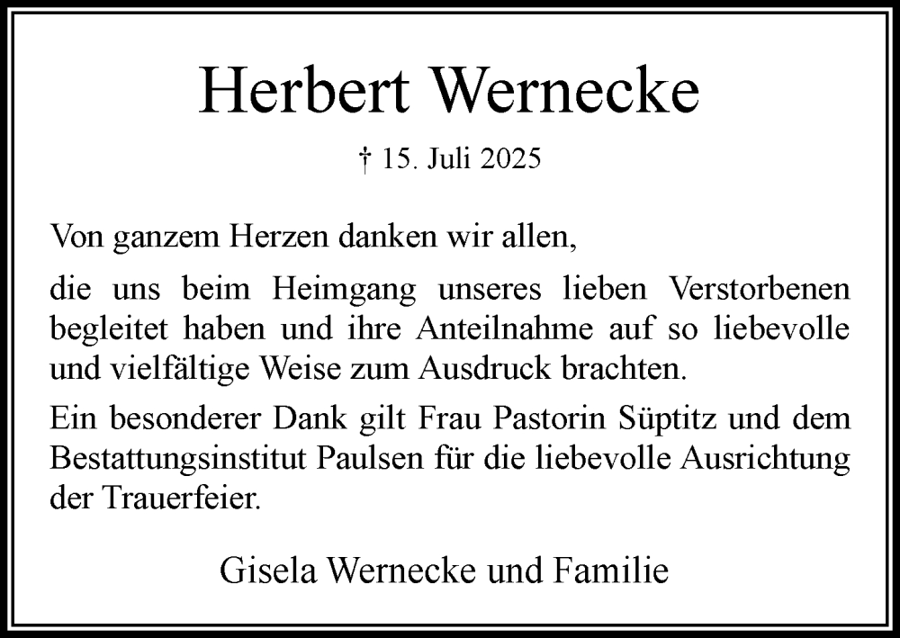 Traueranzeige für Herbert Wernecke vom 06.09.2025 aus MARKT Bad Oldesloe/Reinfeld und Stormarner Tageblatt
