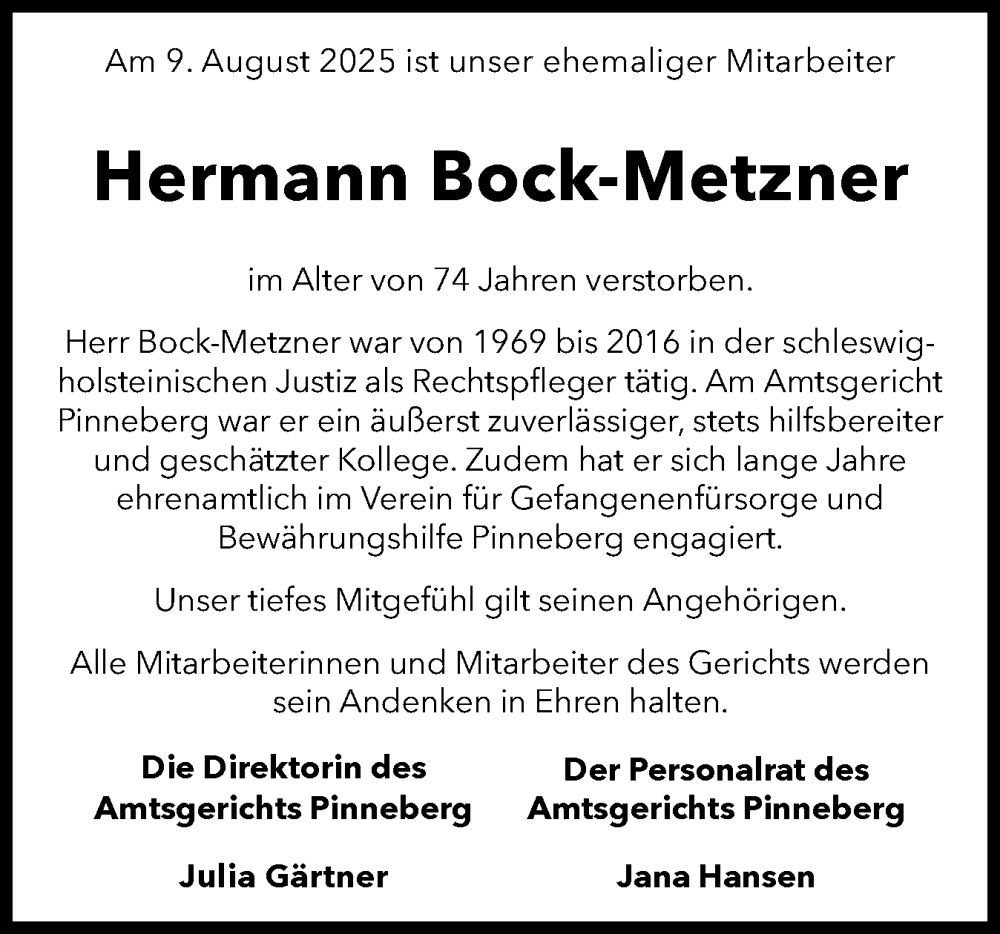  Traueranzeige für Hermann Bock-Metzner vom 13.09.2025 aus Region Pinneberg und tip Pinneberg