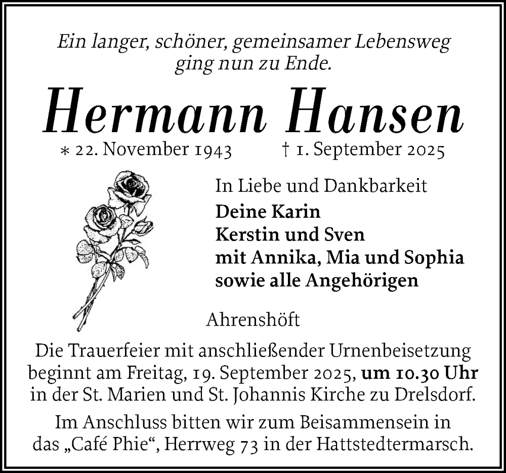  Traueranzeige für Hermann Hansen vom 05.09.2025 aus Husumer Nachrichten, Nordfriesland Tageblatt