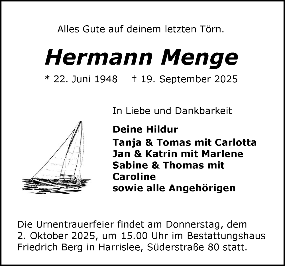  Traueranzeige für Hermann Menge vom 27.09.2025 aus Flensburger Tageblatt