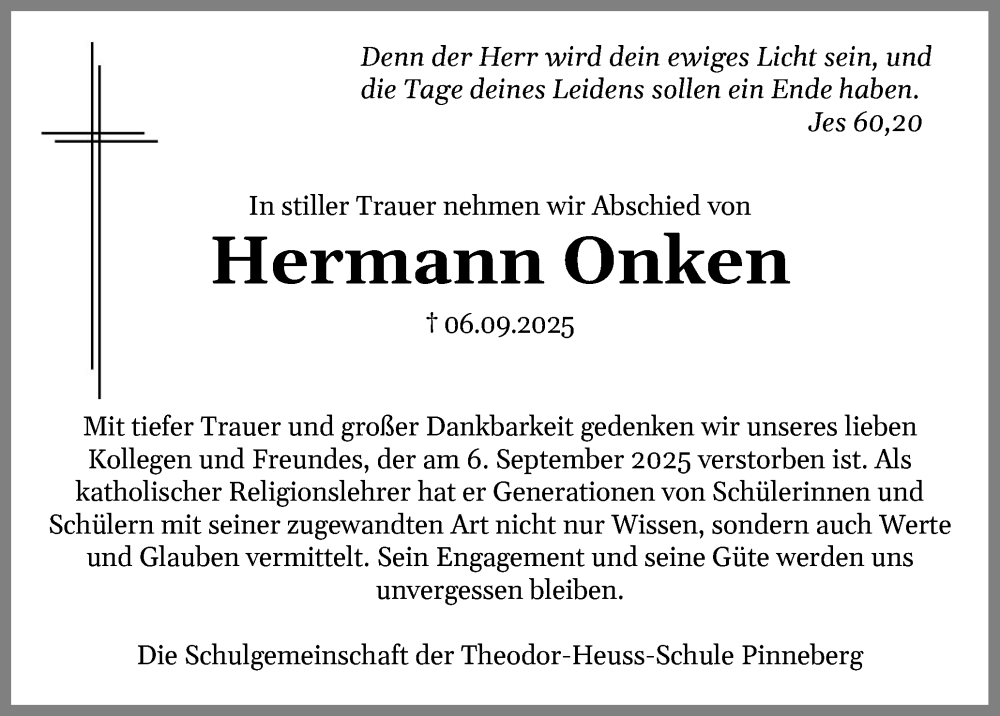 Traueranzeige für Hermann Onken vom 20.09.2025 aus Region Pinneberg und tip Pinneberg