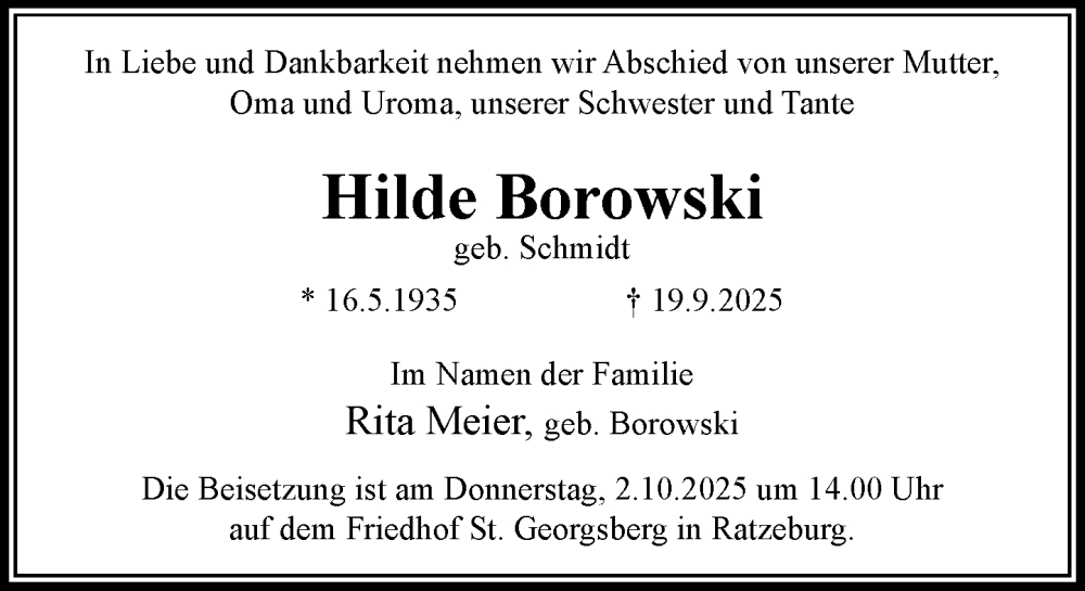  Traueranzeige für Hilde Borowski vom 27.09.2025 aus MARKT Ratzeburg/Mölln