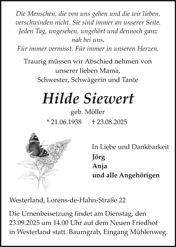  Traueranzeige für Hilde Siewert vom 05.09.2025 aus Sylter Rundschau
