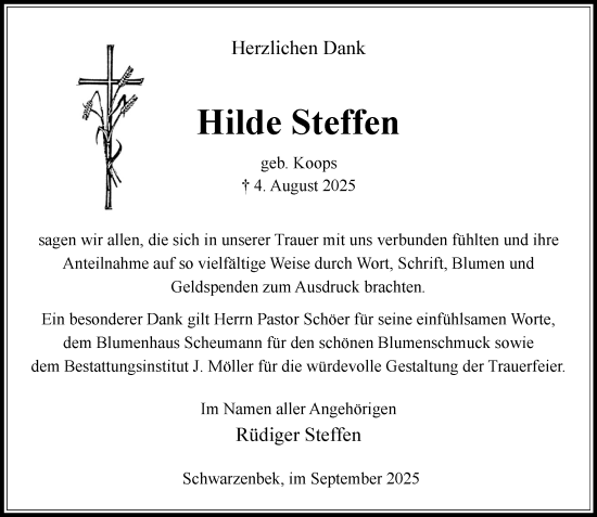 Traueranzeige von Hilde Steffen von Wochenend Anzeiger