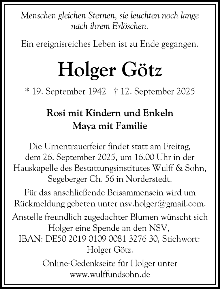  Traueranzeige für Holger Götz vom 20.09.2025 aus Heimatspiegel