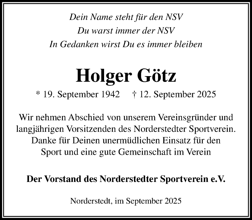  Traueranzeige für Holger Götz vom 20.09.2025 aus Heimatspiegel