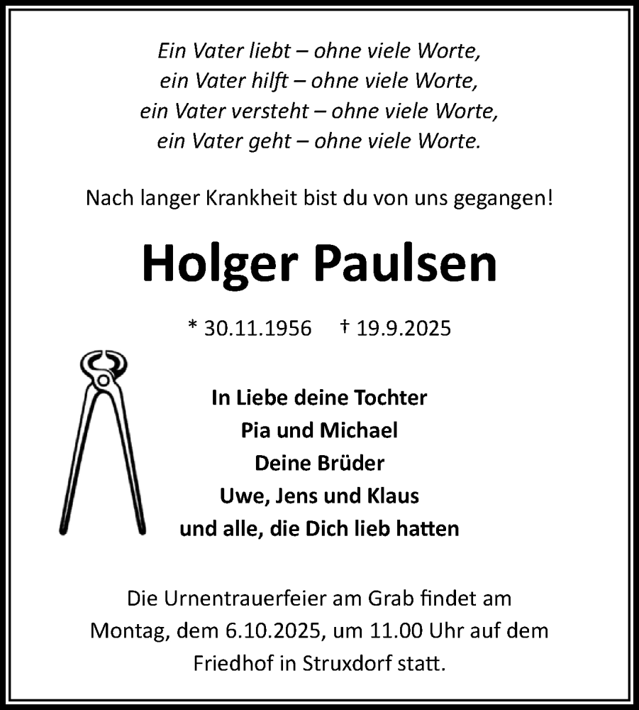  Traueranzeige für Holger Paulsen vom 27.09.2025 aus Die WochenSchau Gesamtausgabe